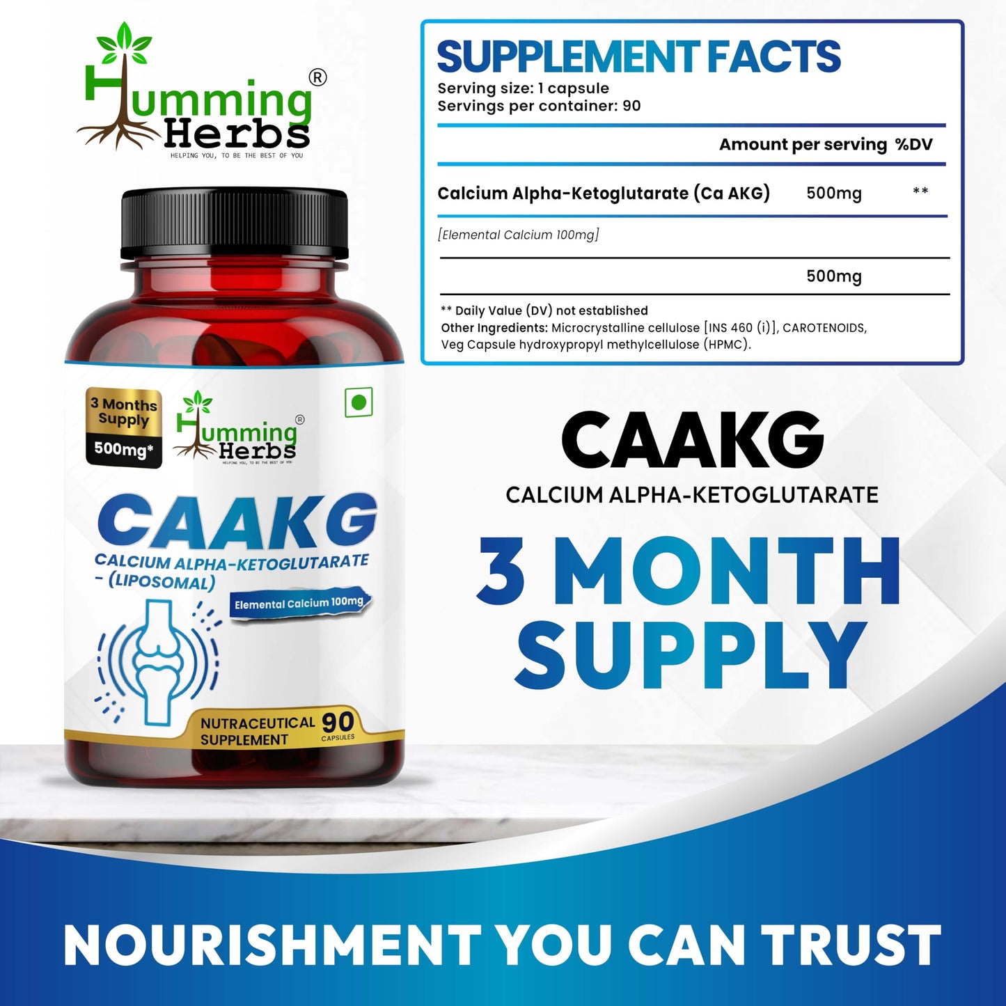 Humming Herbs Calcium Alpha-Ketoglutarate Supplement (CAAKG) 500 mg – Provides 100 mg Elemental Calcium – Non-GMO – Vegan Capsules, 90 Capsules