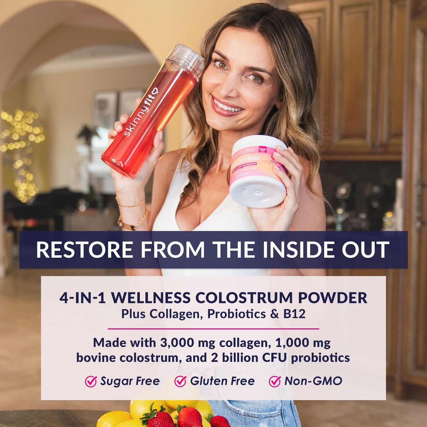 SkinnyFit Colostrum Powder (Strawberry Lemonade) - Collagen Peptides, Probiotics, Vitamin B12 - Supports Immunity, Skin & Gut Health, 4.34 Ounce