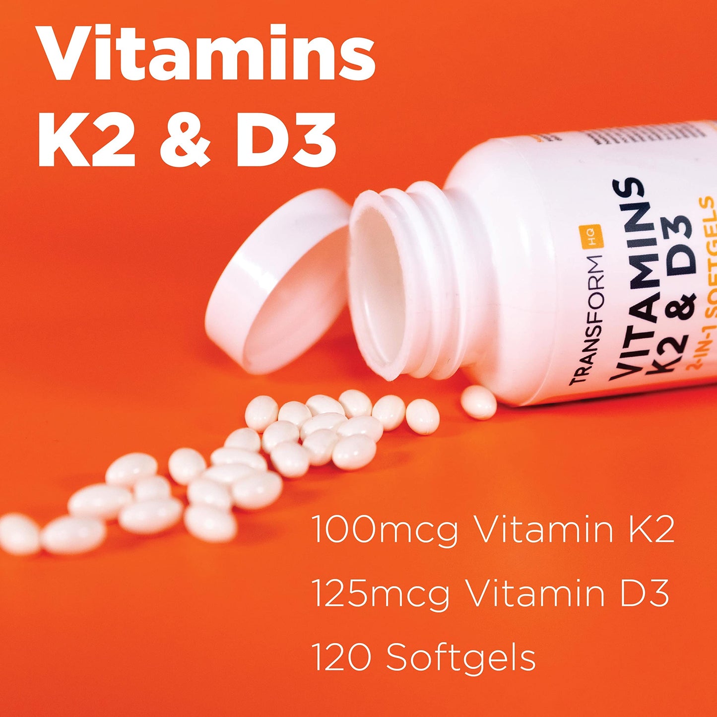 TransformHQ Vitamin K2 (MK7) 100mcg + Vitamin D3 5000 IU Softgels, 120 Count