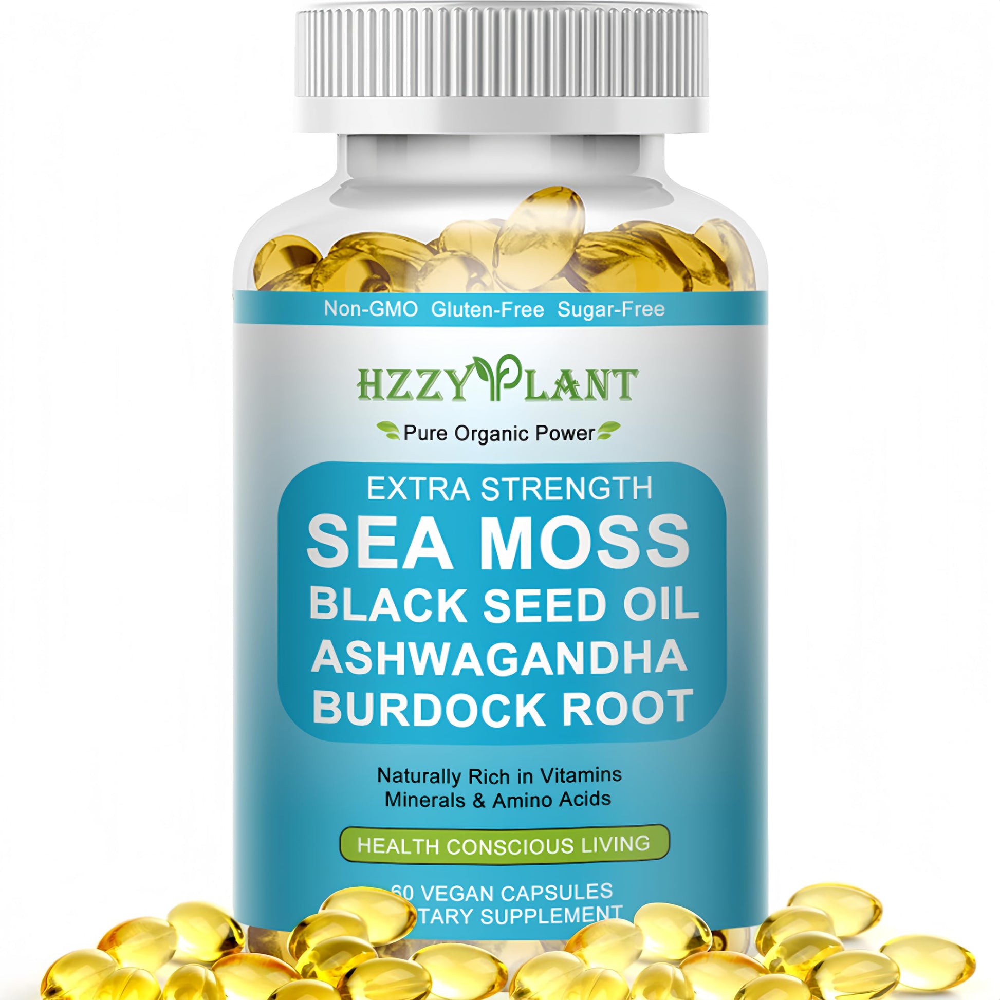 HZZYPLANT High Absorption Irish Sea Moss Advanced with Black Seed Oil, Ashwagandha, Turmeric & Burdock Root Softgels, 60 Count