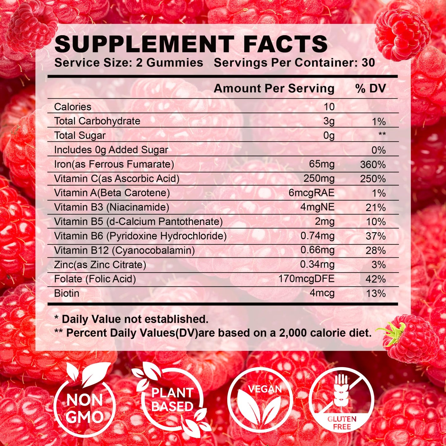 Feelherbs Iron Gummies for Women with Multivitamin, Raspberry Flavor, Vegan Iron Vitamin Gummy with Folate and B Complex, 60 Gummies