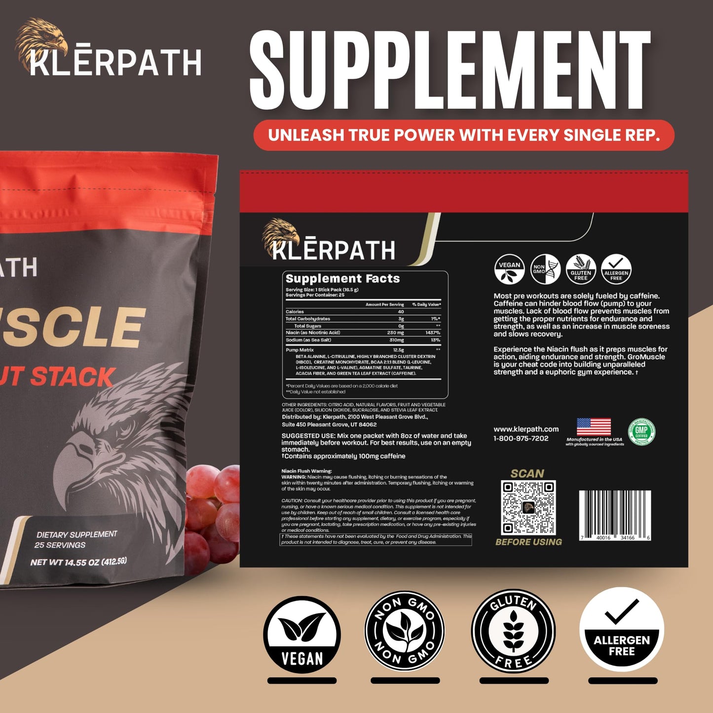 Klerpath GroMuscle Pre Workout Powder 14.55 Ounce