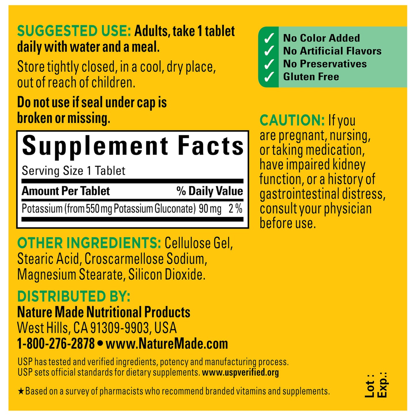 Nature Made Potassium Gluconate 550 mg Tablet, 100 Count
