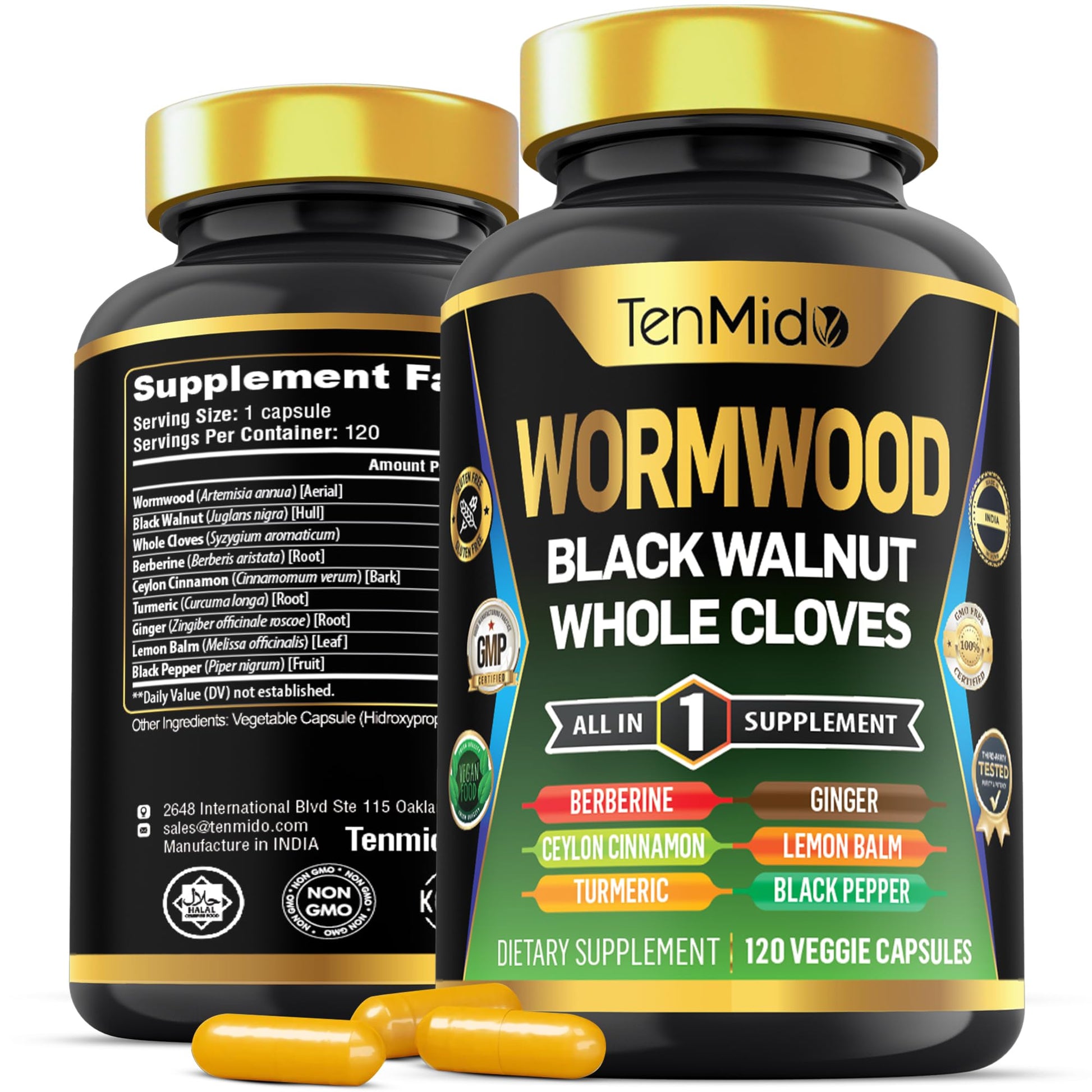 Tenmido Wormwood Black Walnut Clove Capsules 9-in-1 Wormwood Extract Formula, 120 Capsules