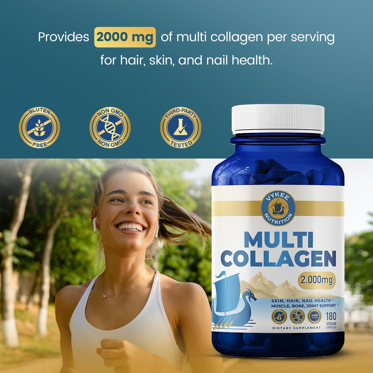 Vykee Nutrition Multi Collagen Capsules with Biotin + Hyaluronic Acid - Hair, Skin & Nail Support - Non-GMO, Gluten Free Dietary Supplement, 180 Capsules