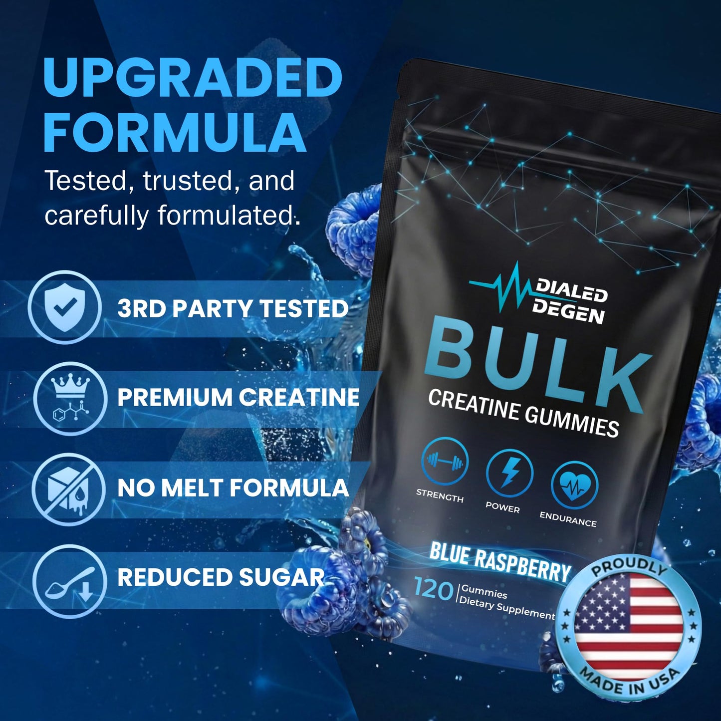 Dialed Degen Blue Raspberry Creatine Monohydrate Gummies 120 Count