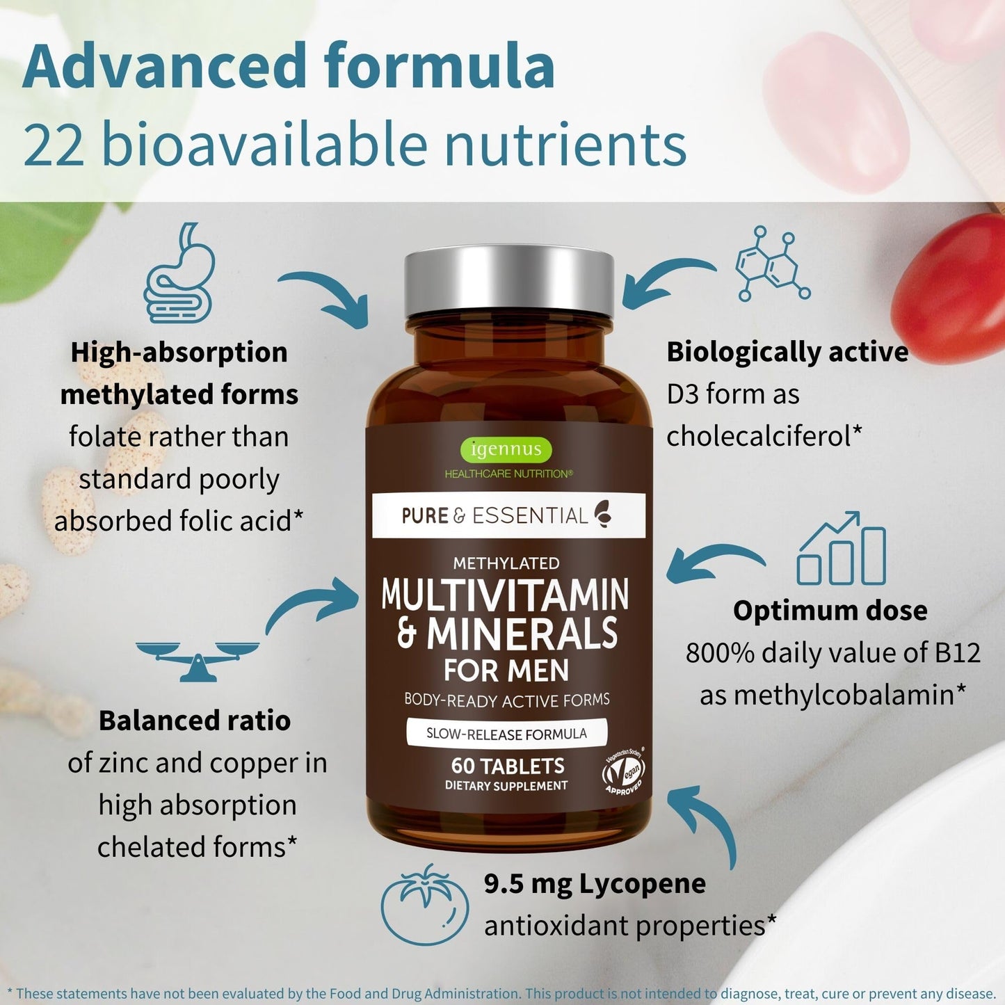 Igennus Healthcare Nutrition Methylated Men's Multivitamin with 22 Actives, 60 Tablets
