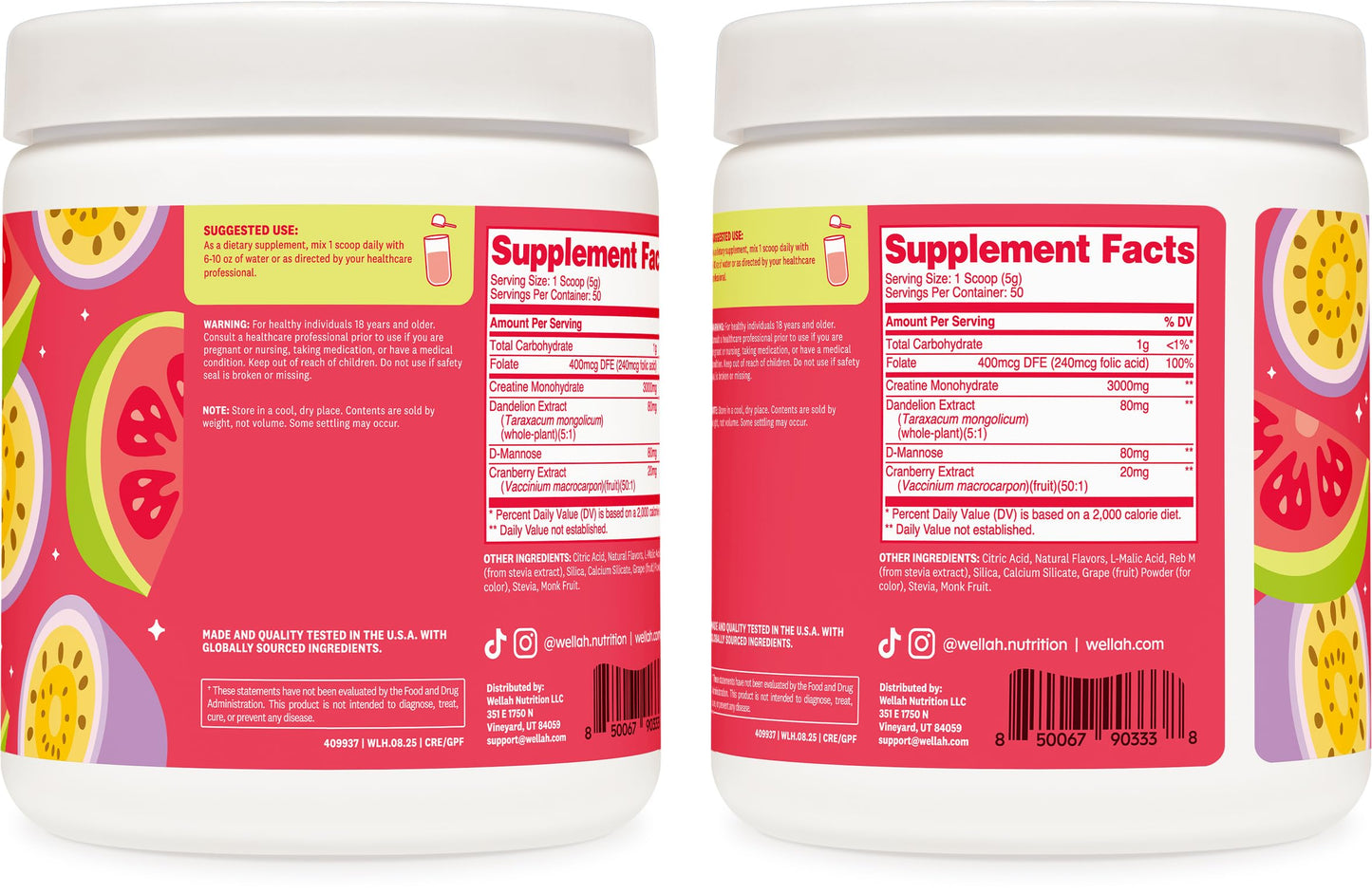 Wellah Creatine for Women Powder, Creatine Monohydrate with Dandelion & Cranberry Extract, 50 Servings