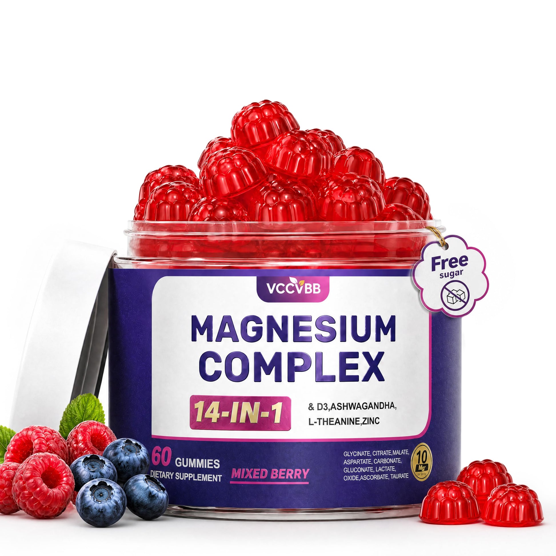 VCCVBB Magnesium Glycinate Gummies 500mg, Sugar Free 14-in-1 Magnesium Complex with Glycinate, Citrate & Malate, Ashwagandha, Zinc, Vitamin D3 & L-Theanine for Sleep, Muscle & Immune Support, 60 Count
