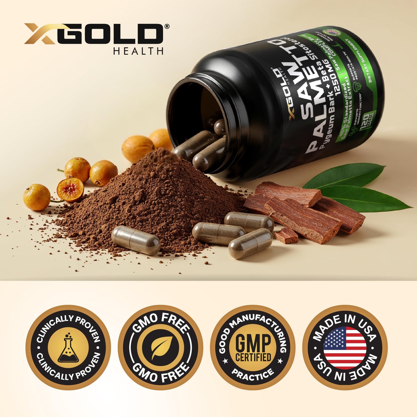 X Gold Health Saw Palmetto for Men 1250mg – Prostate Support with Beta Sitosterol & Pygeum Bark – Supports Urinary Flow & Bladder Control – DHT Blocker for Hair Loss 120 Capsules