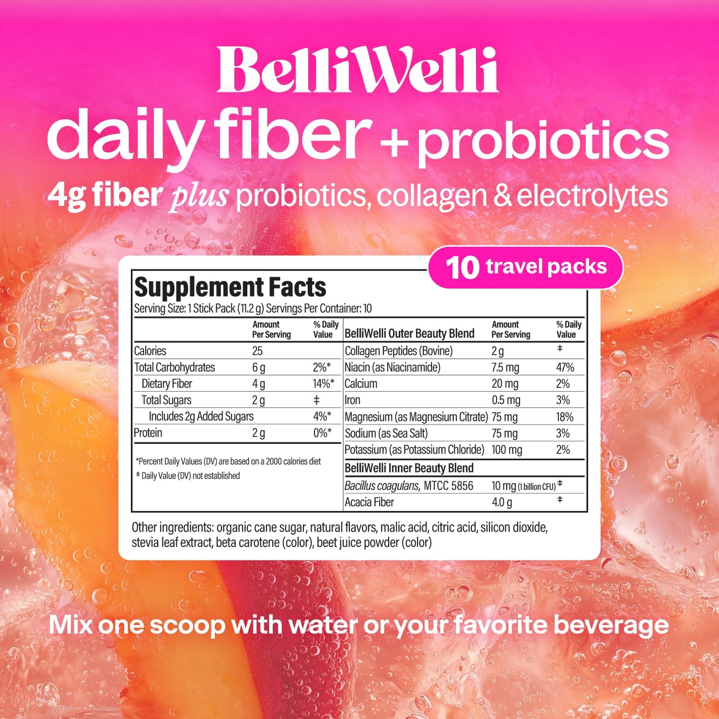Belli Welli Fiber Supplement Powder with Probiotics, Peach Mango, 0.4 oz (Pack of 10)