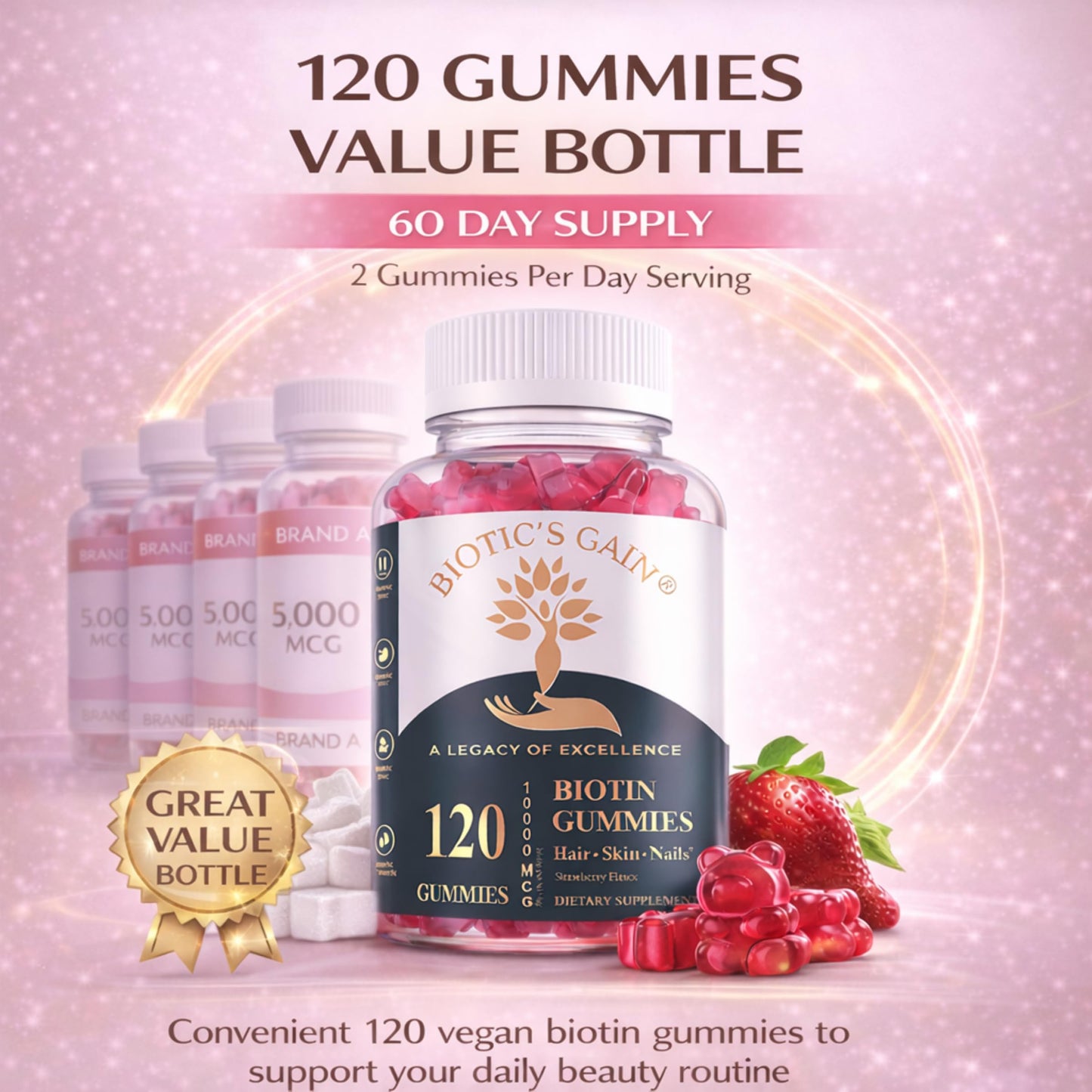 Biotic's Gain Biotin Gummies 10000 mcg, Hair Skin and Nail Support, Vegan, Sugar Free, 120 Count