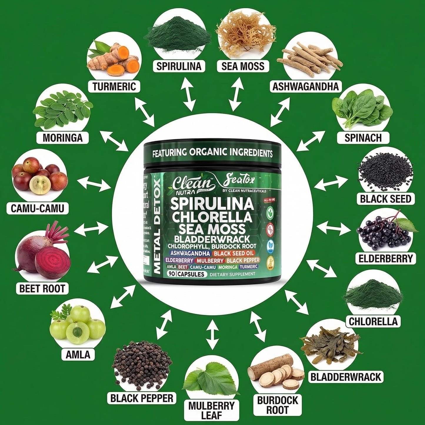 Clean Nutraceuticals Sea Tox Organic Spirulina and Chlorella Capsules, 90 Capsules