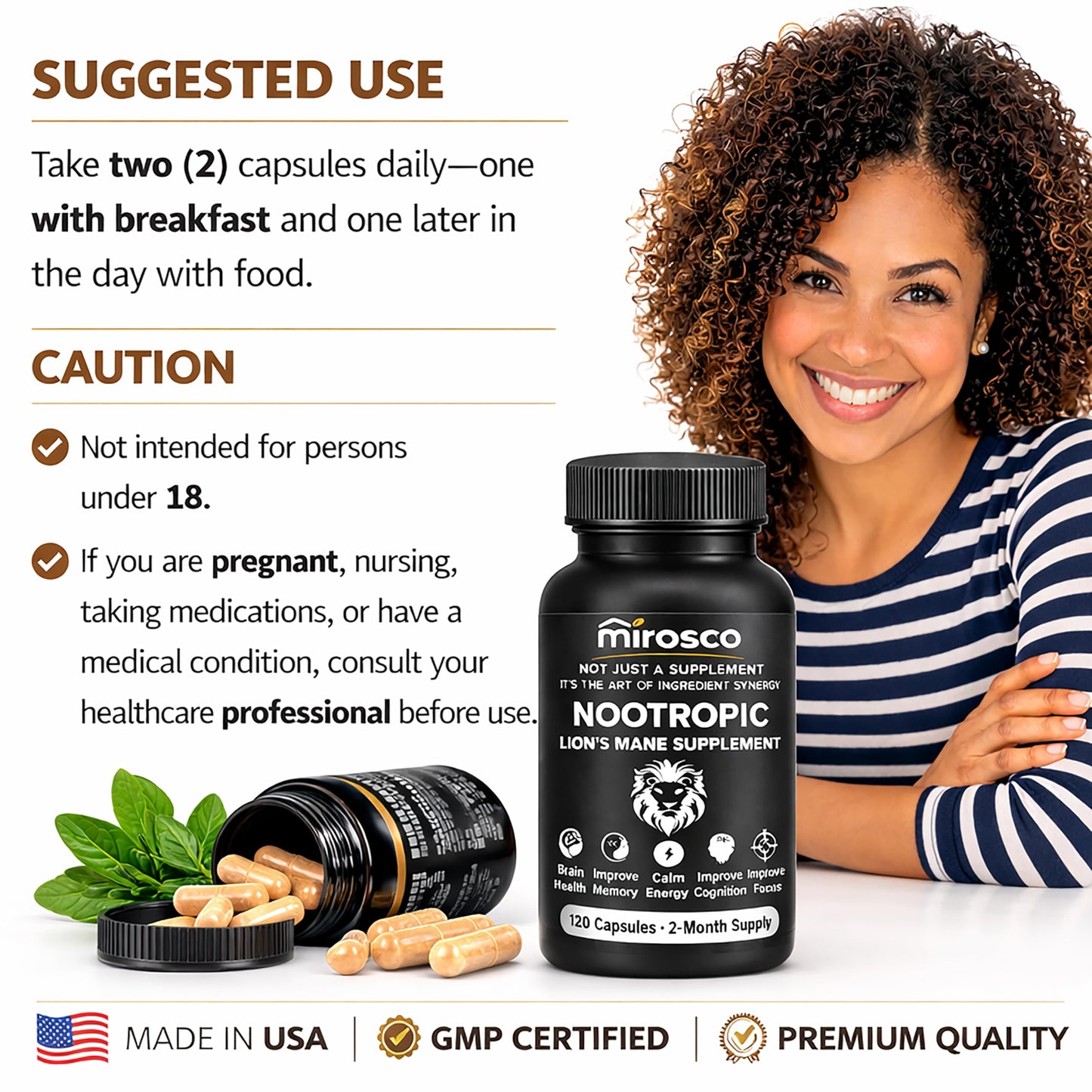 Mirosco Organic Lions Mane Supplements with Mushroom Extract, Rhodiola Bacopa & L-Theanine, 90 Capsules
