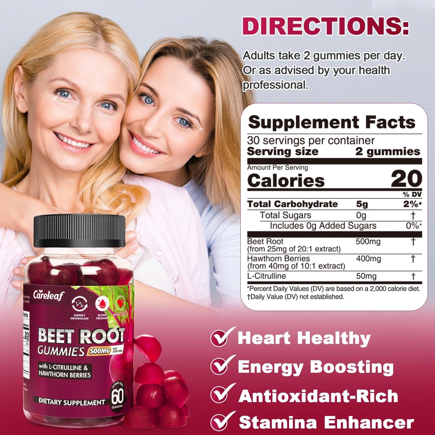 careleaf Sugar-Free Vegan Beet Root Gummies with L-Citrulline & Hawthorn Extract – Nitric Oxide Support – Peach Flavor, 60 Count