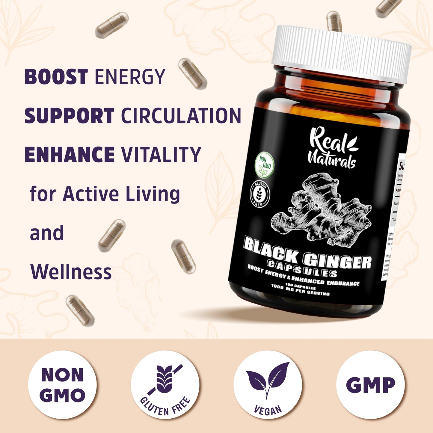 Real Naturals Black Ginger for Men 500 mg Capsule, 100 Count