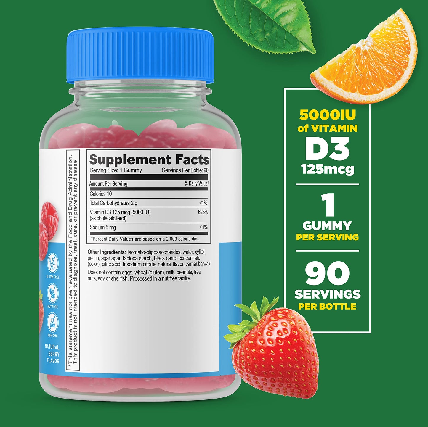 Lifeable Sugar Free Vitamin D 5000 IU + Vitamin C Gummies, 180 Gummies