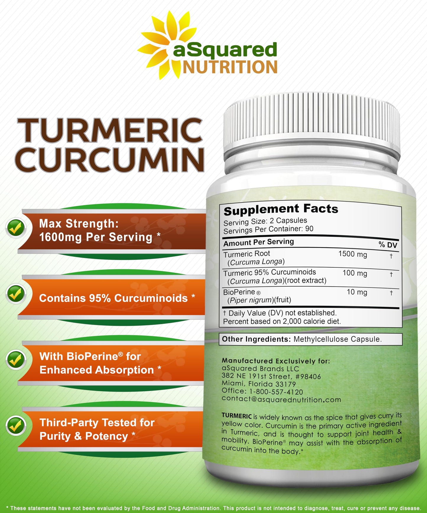 aSquared Nutrition Turmeric Curcumin 1600mg with BioPerine Black Pepper Extract 180 Capsules