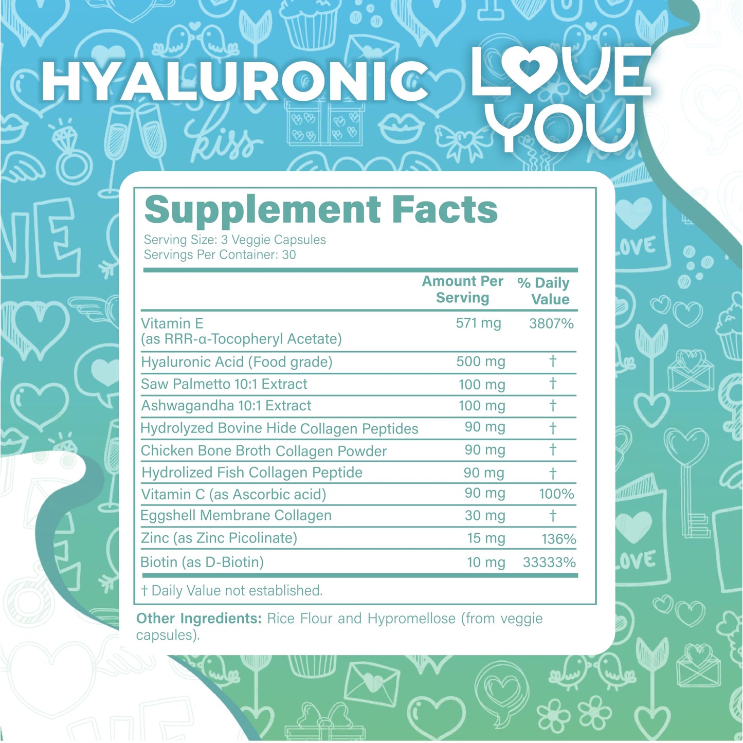 Love You Hyaluronic Acid + Collagen Complex - Beauty & Joint Support with Biotin 10,000 mcg, Zinc, Saw Palmetto & Ashwagandha, 90 Capsules