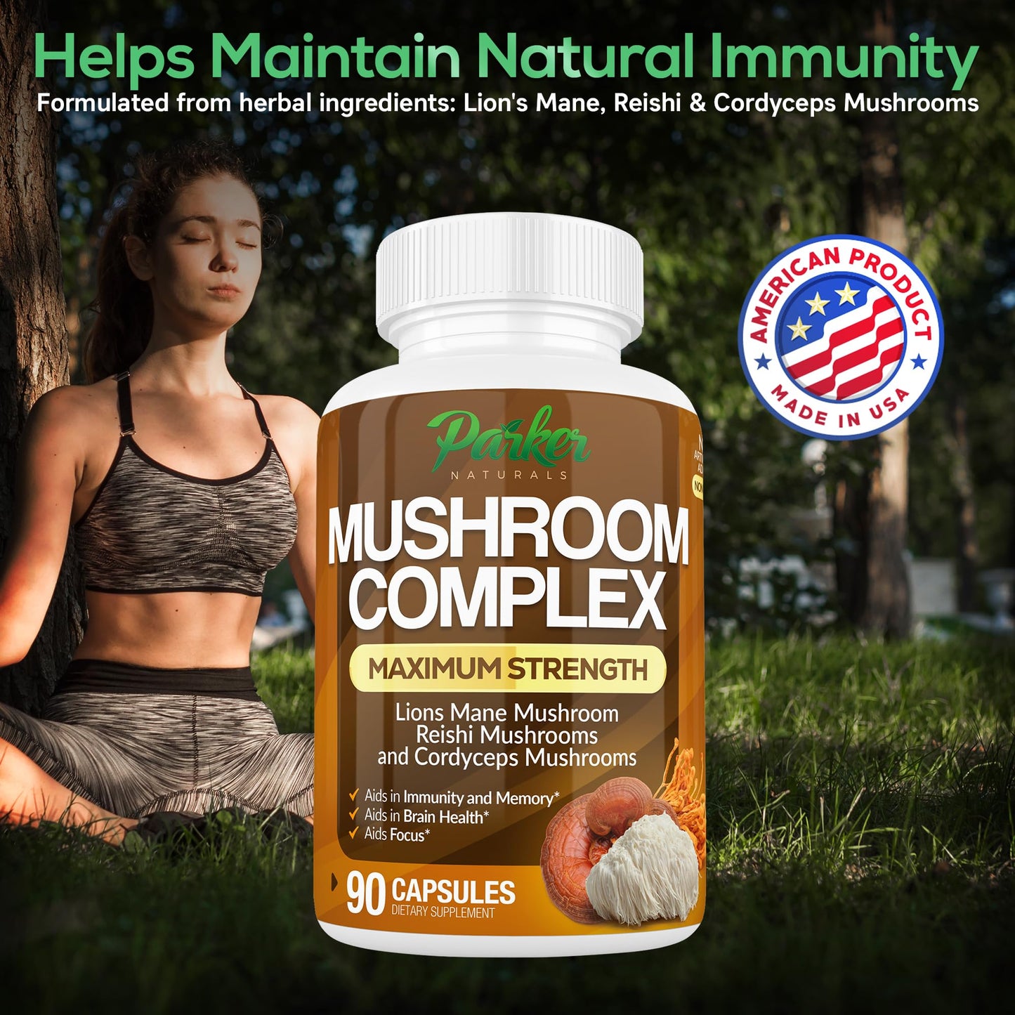Parker Naturals Mushroom Complex Premium Lions Mane, Cordyceps, and Reishi Mushroom Supplement, 90 Capsules