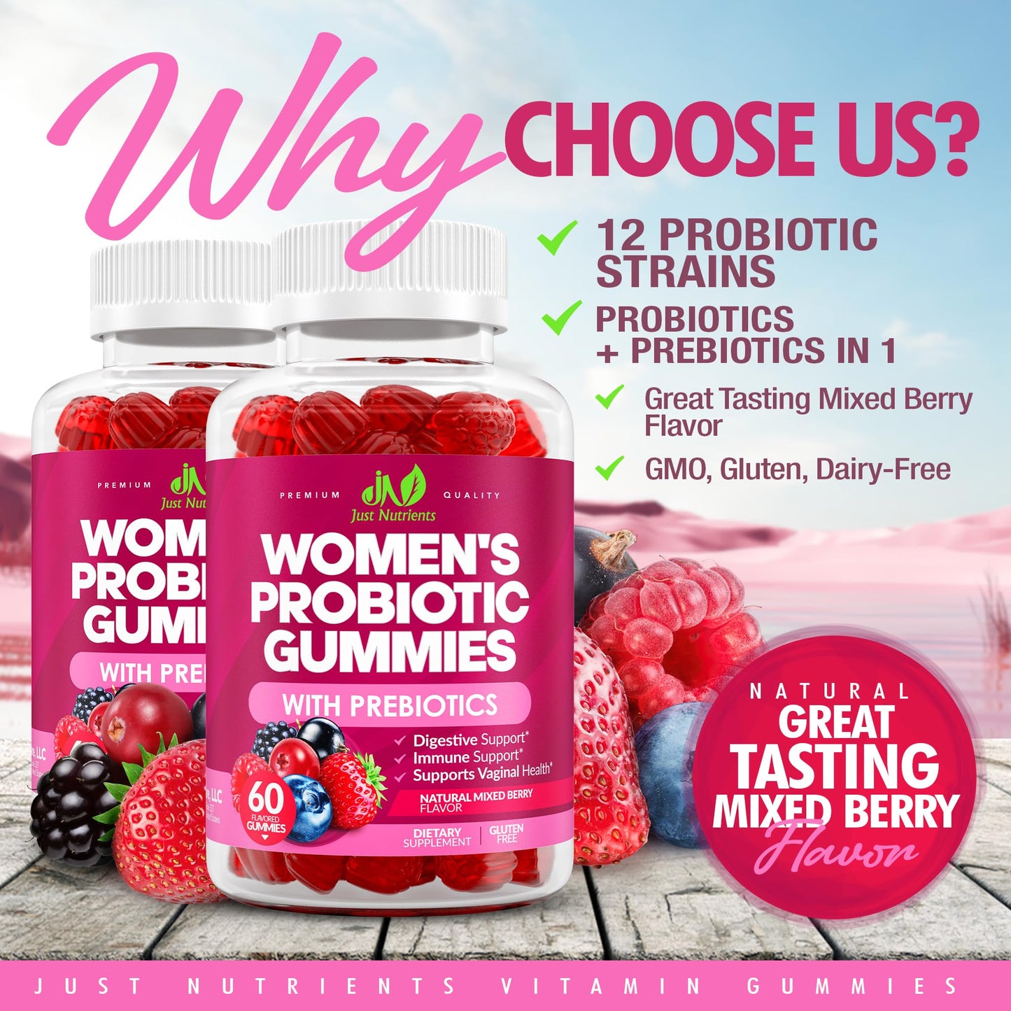Just Nutrients Women's Probiotic Gummies with Prebiotics, 60 Gummies