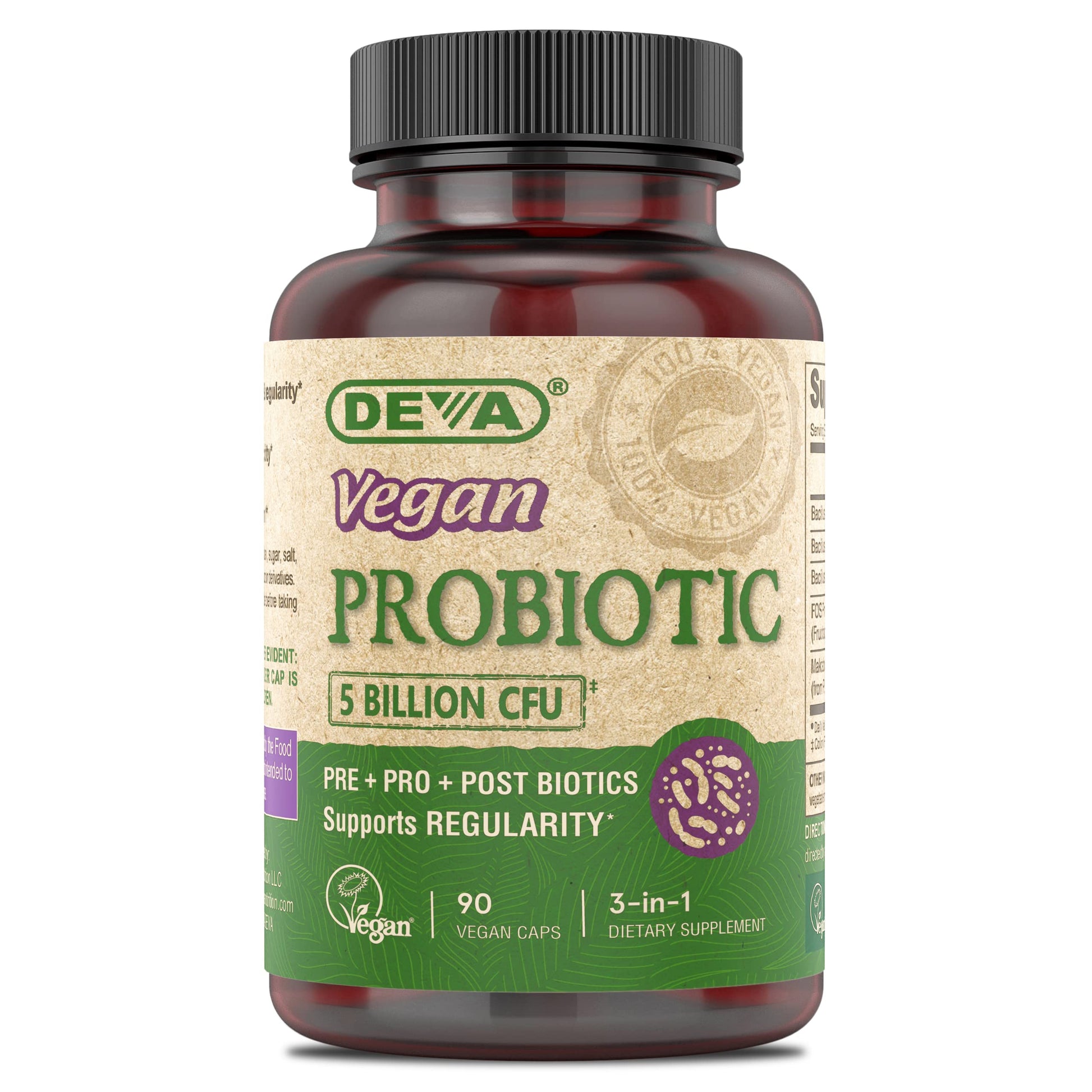 DEVA Vegan Probiotic Supplement - Pre, Pro, and Postbiotics for Digestive Health 5 Billion CFU Capsule 90
