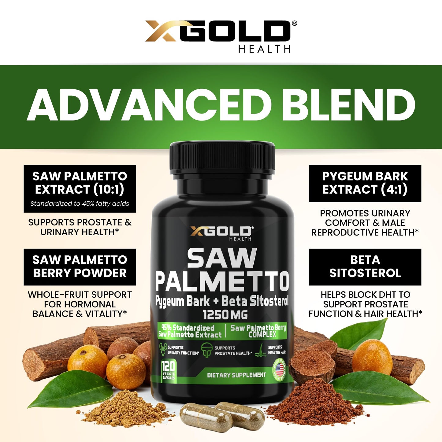 X Gold Health Saw Palmetto for Men 1250mg – Prostate Support with Beta Sitosterol & Pygeum Bark – Supports Urinary Flow & Bladder Control – DHT Blocker for Hair Loss 120 Capsules