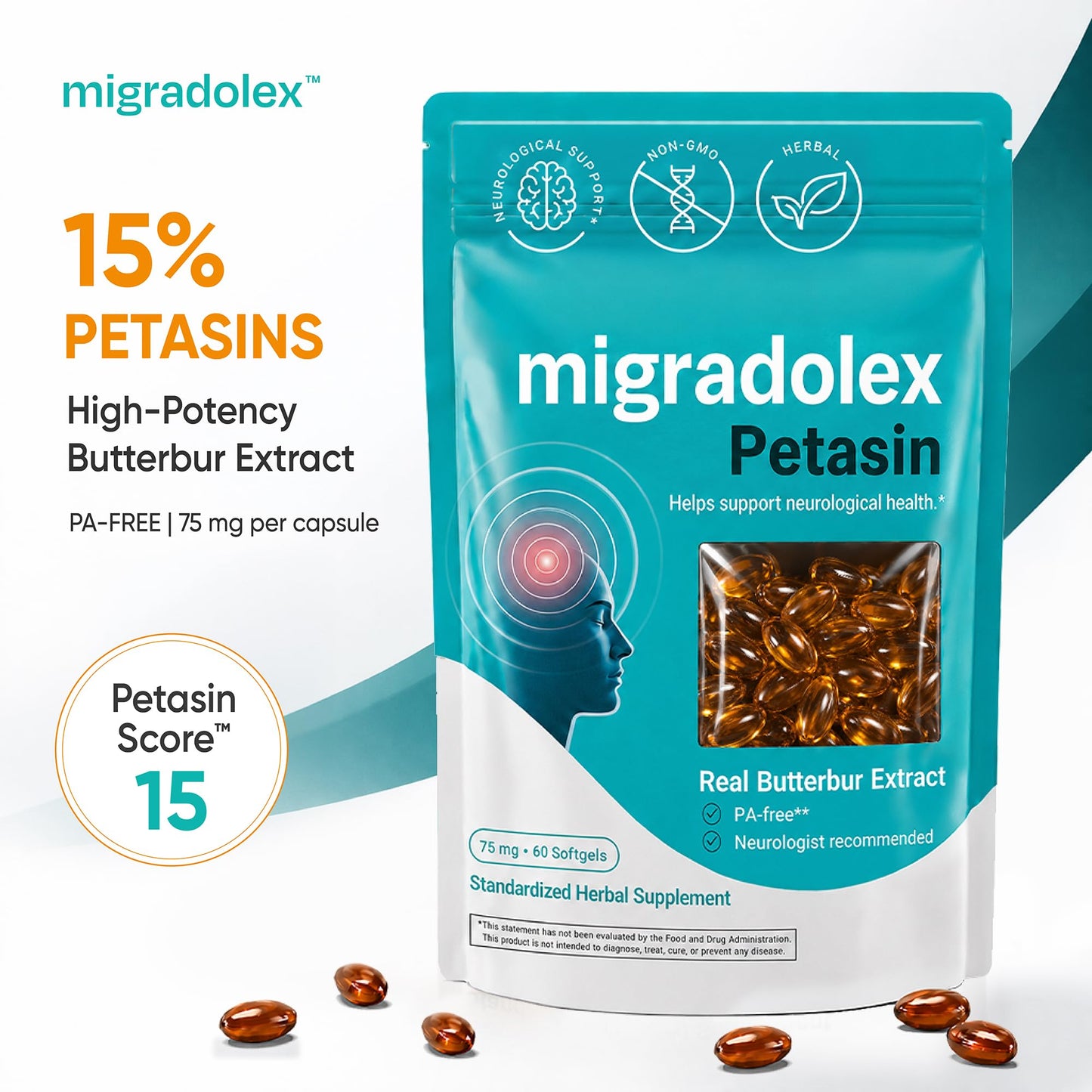 Migradolex Petasin 75 mg Patented Butterbur Extract PA-Free Standardized 15% Petasins (Petasin & Isopetasin) Migraine & Head Comfort Support High Bioavailability 60 Capsules