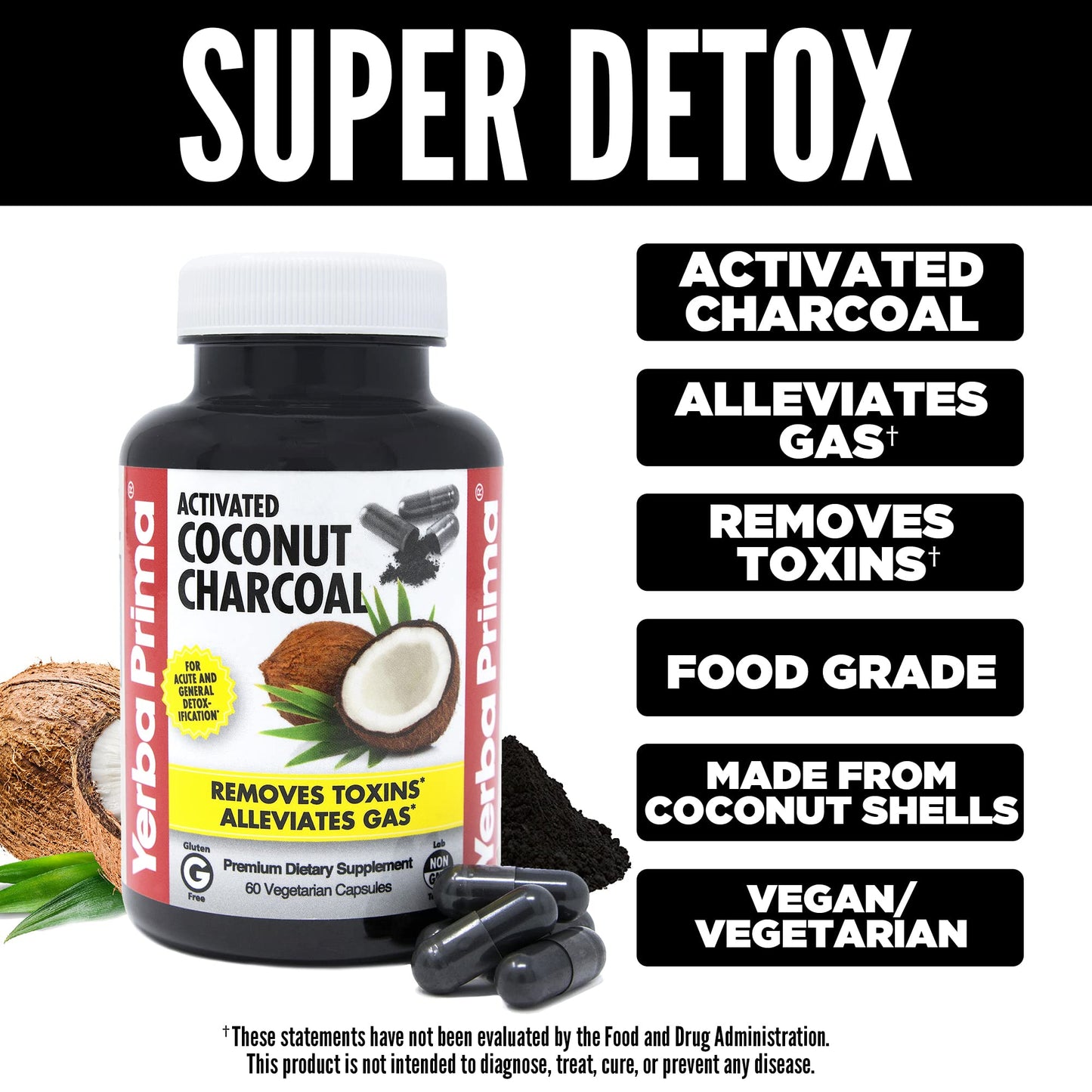 Yerba Prima Activated Coconut Charcoal Capsules, 60 Count