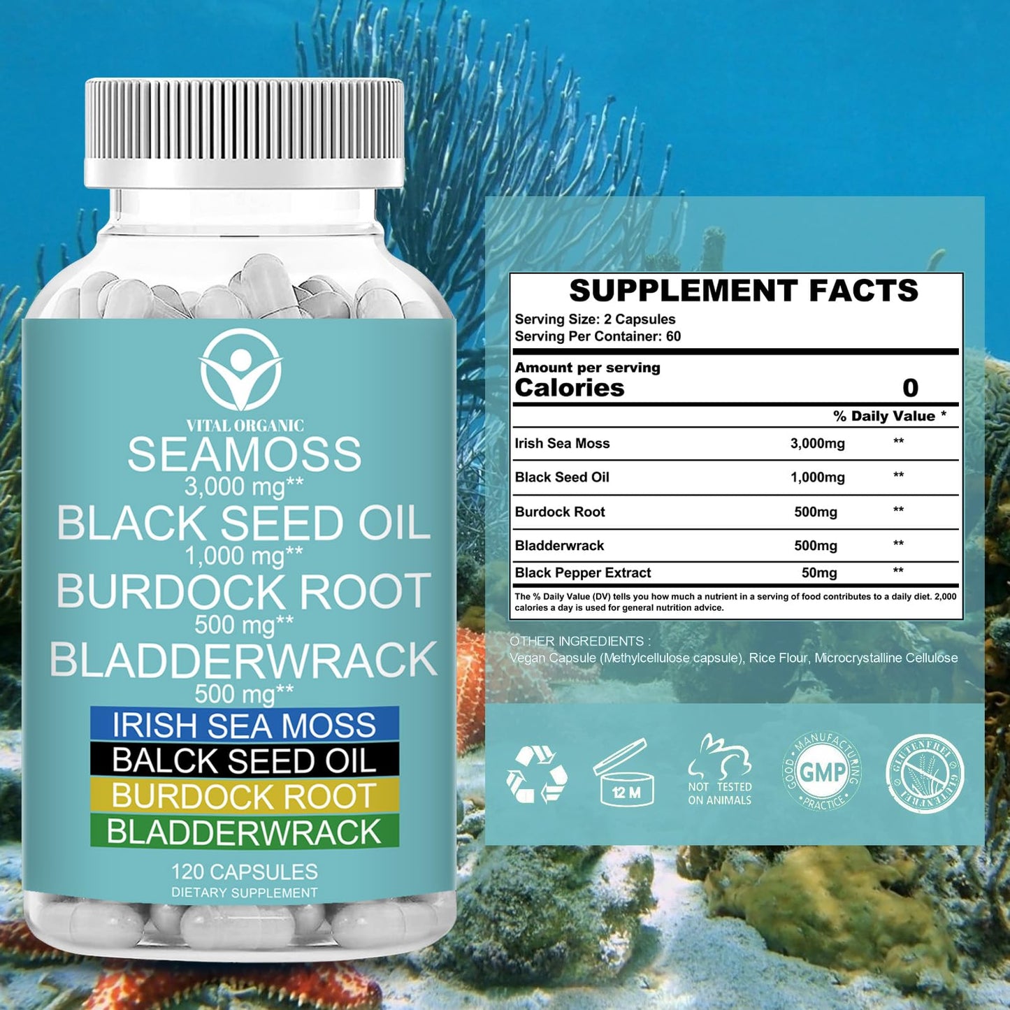 VitalOrganic Organic Sea Moss, 120 Capsules