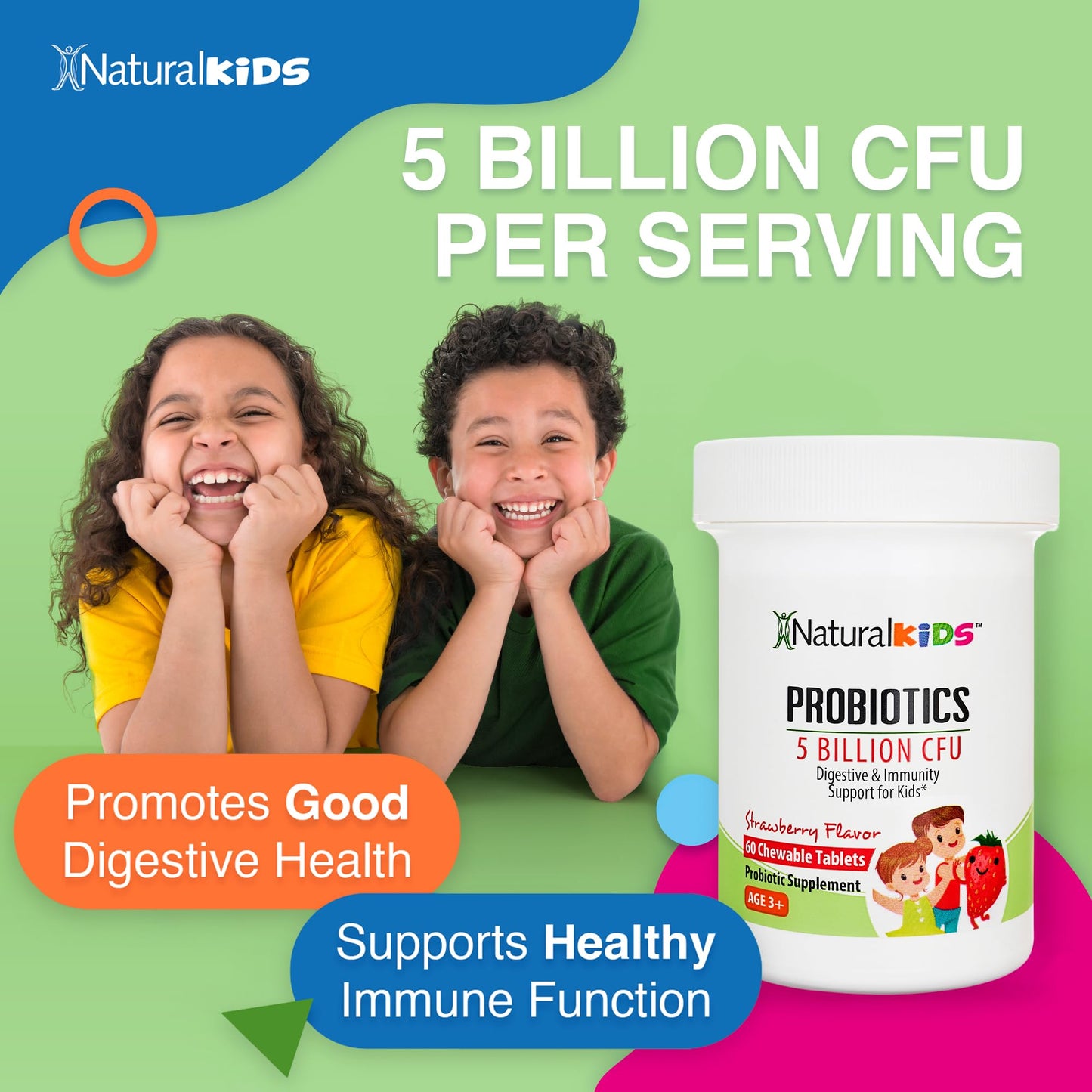 NaturalKids NaturalSlim Kids Probiotics for Digestive & Gut Health, Immune Support, 5 Billion CFU with LGG, BB-12 & 4 Probiotic Strains, 35 mg Calcium, for Children Ages 3+, Strawberry Flavor, 60 Chewable Tablets