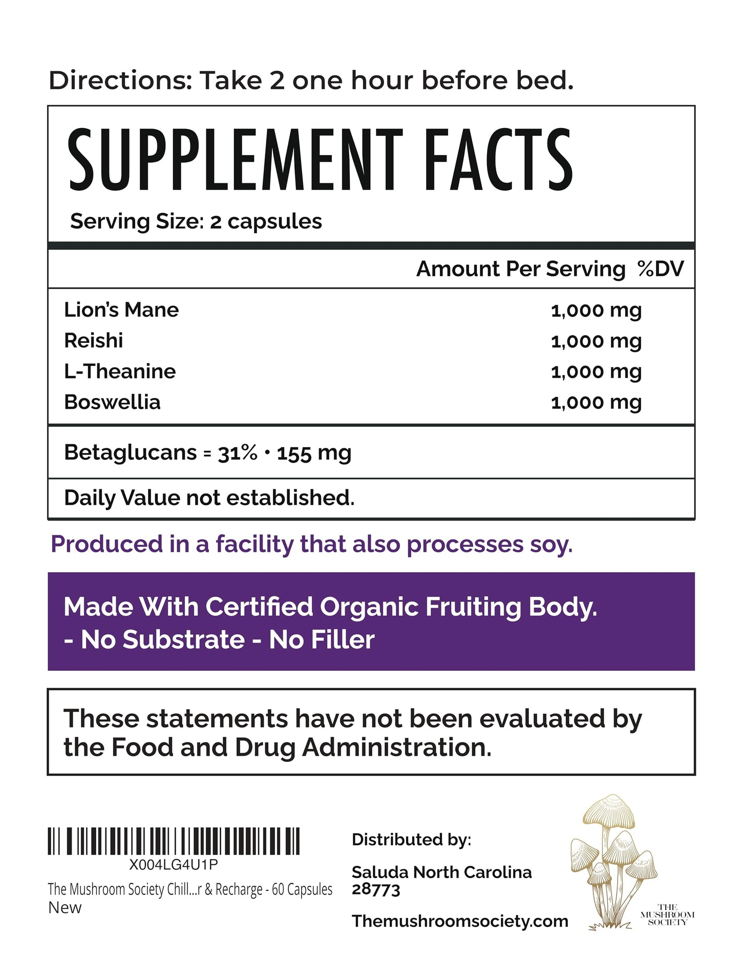 The Mushroom Society Chill Pill Supplement Vegan Capsules, 60 Capsules