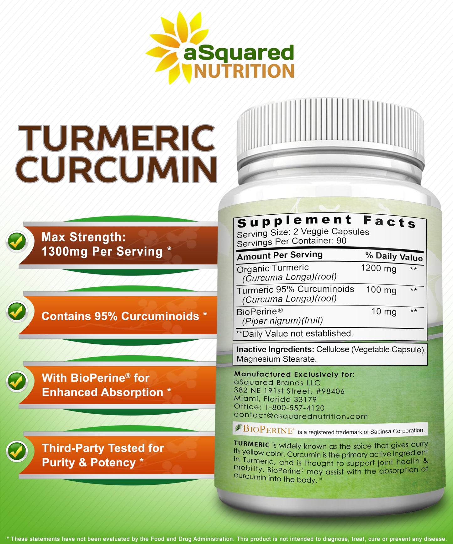 aSquared Nutrition Turmeric Curcumin 1300mg with BioPerine Black Pepper Extract 180 Capsules