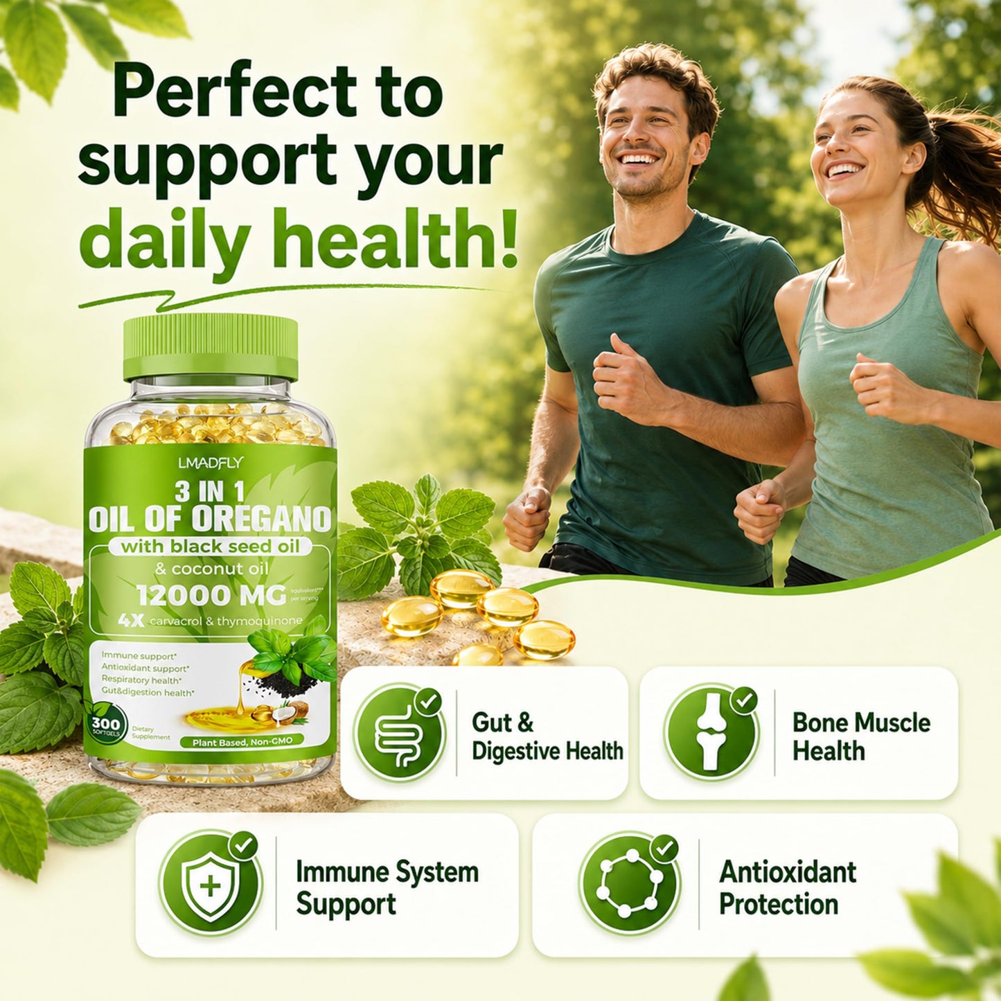 LMADFLY Oil of Oregano 40:1 with Black Seed Oil & Coconut Oil, 300 Capsules