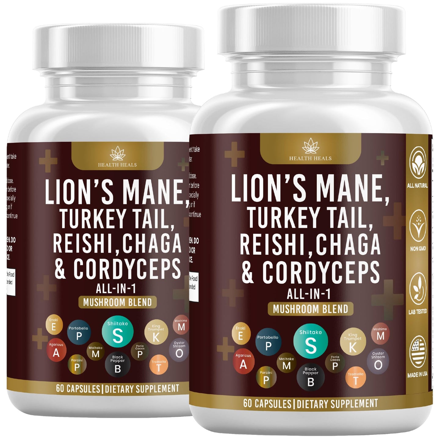 Health Heals Mushroom Supplement with Lion's Mane, Turkey Tail, Reishi, Cordyceps, Chaga, Marshmallow Root Capsules, 120 Count