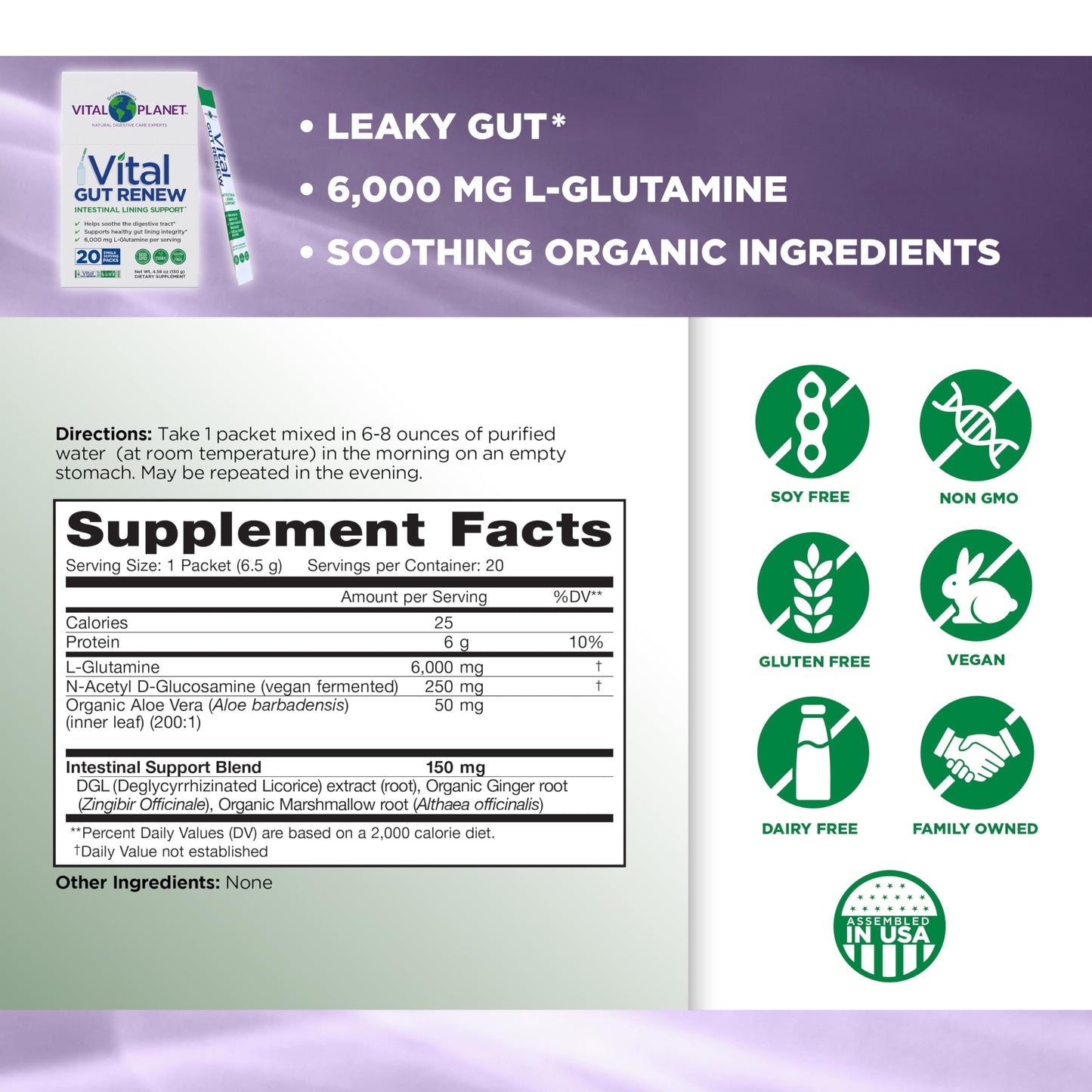 Vital Planet Vital Gut Renew Powder Supplement for Leaky Gut Repair with L-Glutamine, Marshmallow and Ginger Root, DGL Licorice Root and Organic Aloe Vera, 6000mg, 4.5 oz