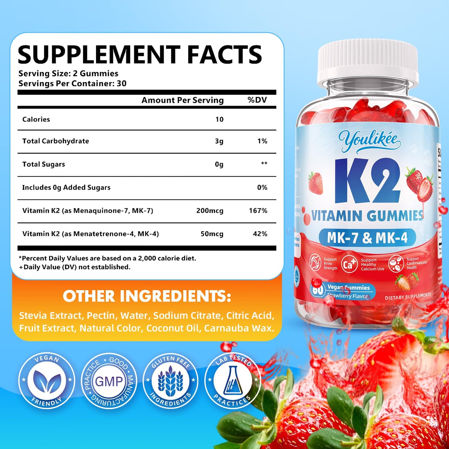 Youlikee Vitamin K2 Gummies Dual Formula Vitamin K2 Supplement with MK-7 & MK-4, 60 Gummies