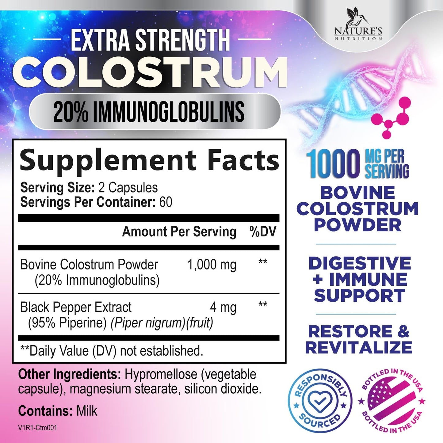 Nature's Nutrition Colostrum Supplement 1000mg Per Serving Max Strength 20% Immunoglobulins for Gut & Immune Support Capsule, 120 Count