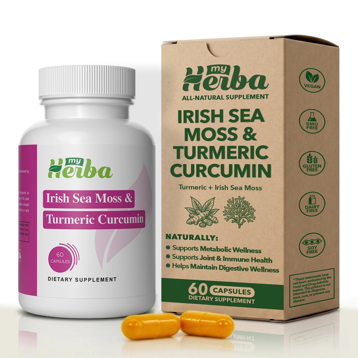 MyHerba Turmeric Curcumin Joint Support Supplement with Organic Irish Sea Moss, 95% Curcuminoids, Comfort, Flexibility and Everyday Mobility for Active Adults, Vegan, 60 Capsules