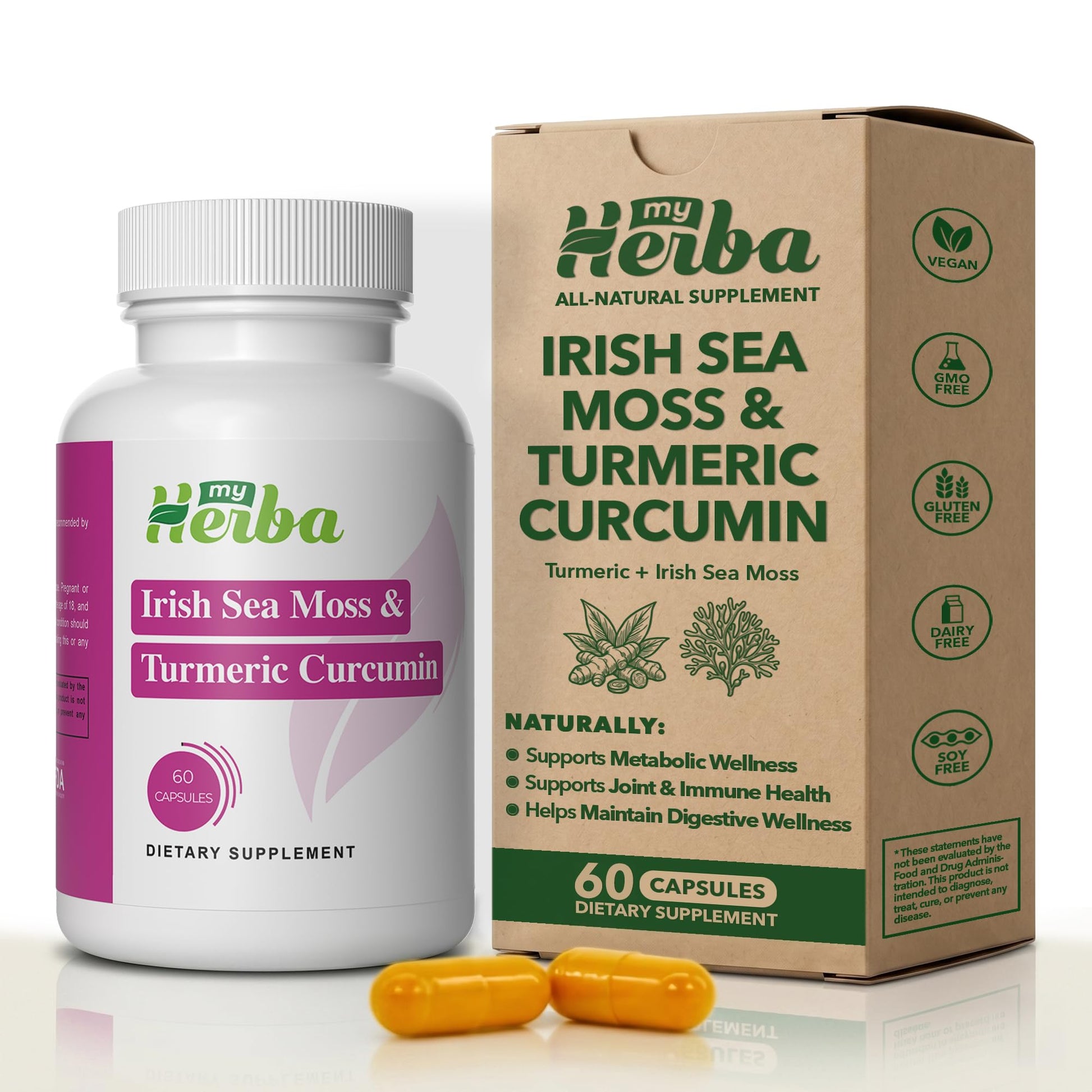 MyHerba Turmeric Curcumin Joint Support Supplement with Organic Irish Sea Moss, 95% Curcuminoids, Comfort, Flexibility and Everyday Mobility for Active Adults, Vegan, 60 Capsules