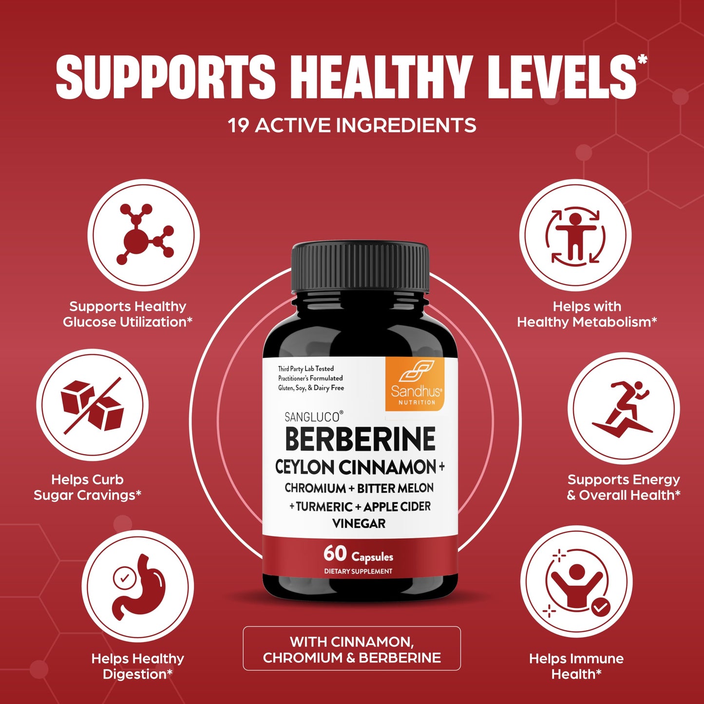 Sandhu's Sangluco Berberine Ceylon Cinnamon Chromium Turmeric Apple Cider Vinegar Bitter Melon Supplement 180 Capsules