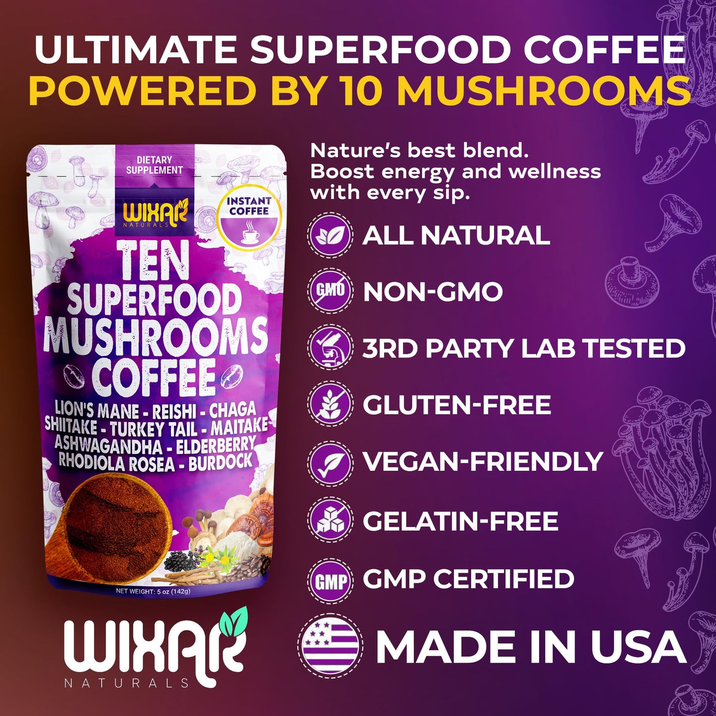 WIXAR NATURALS Superfood Mushroom Coffee Powder, 5oz
