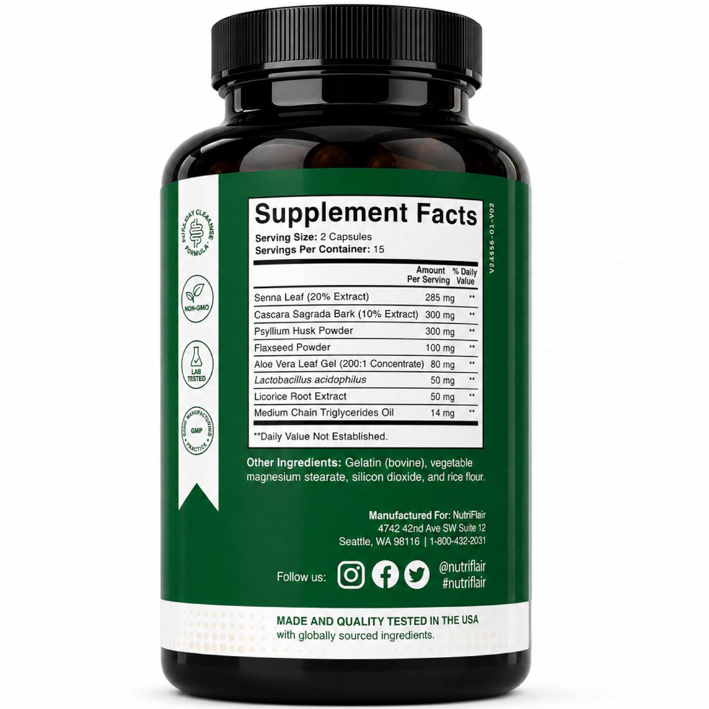 NutriFlair Colon Cleanse 15 Day Advanced Gut Detox with Cascara Sagrada, Senna Leaf, Psyllium Husk & Probiotics Capsules, 30 Count