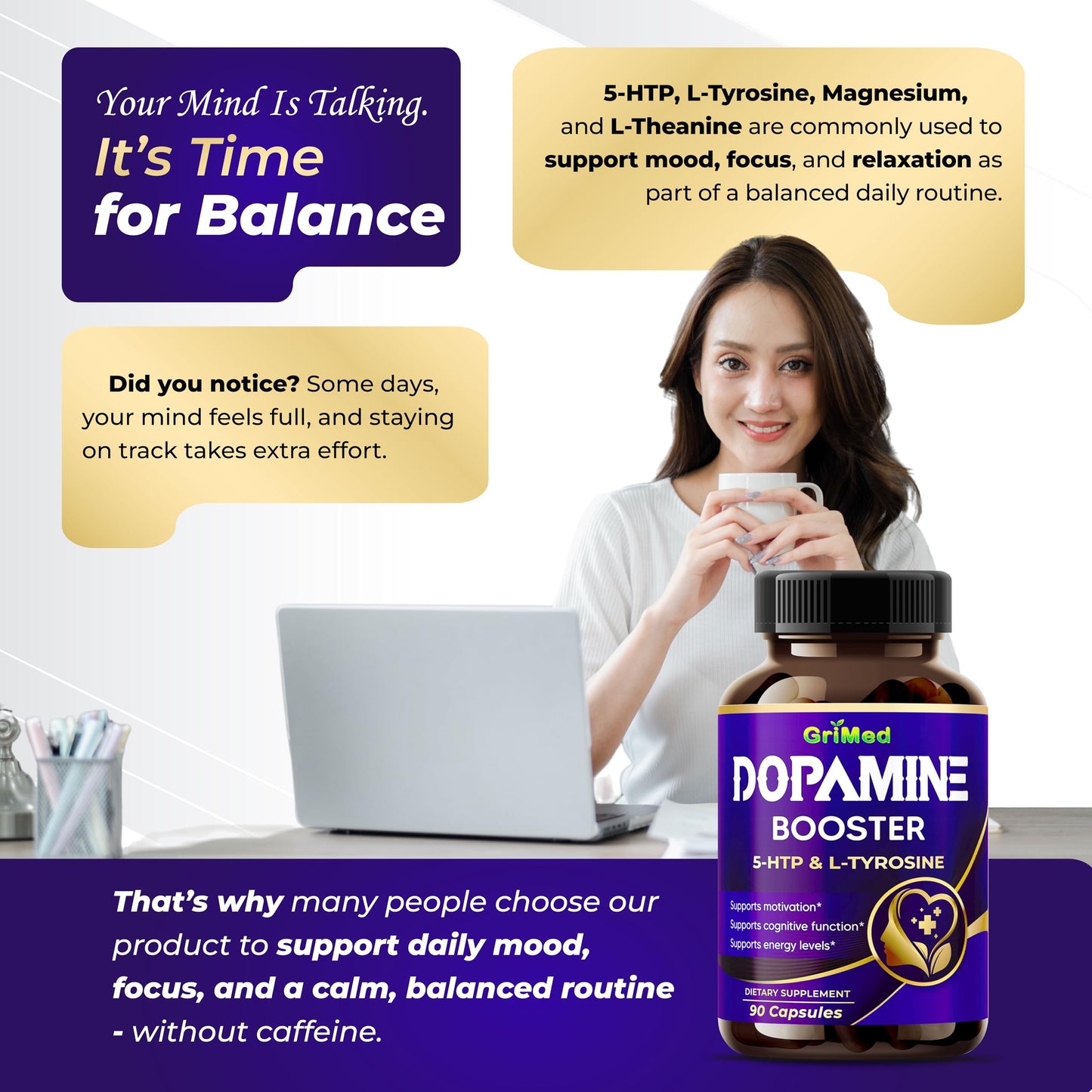 GriMed 5-HTP Capsules with L-Tyrosine, Magnesium, L-Theanine, Ashwagandha & B Vitamins, Mood and Focus Support, 90 Capsules