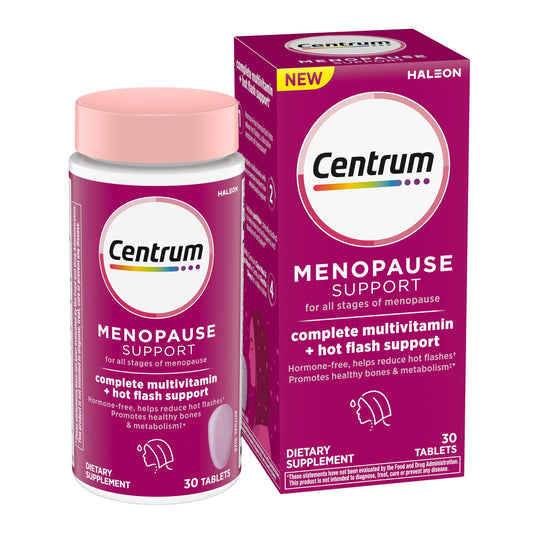 Centrum Complete Multivitamin Supplement + Hot Flash Support Menopause Support Tablets, with Clinically Studied geniVida, 30 Tablets
