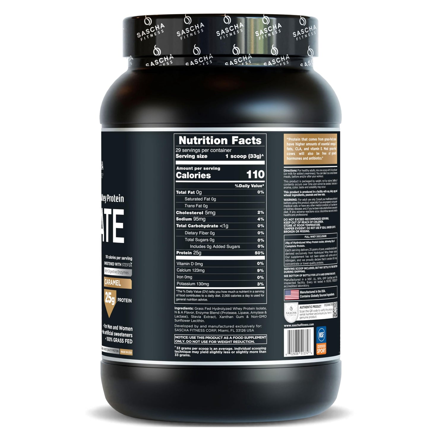 SASCHA FITNESS Hydrolyzed Whey Protein Isolate Powder Caramel Flavor, 2.11 Pound