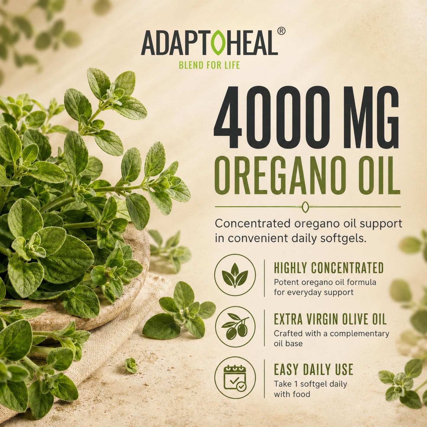 ADAPTOHEAL Oil of Oregano with 15% Carvacrol 4000mg Softgels, 60 count