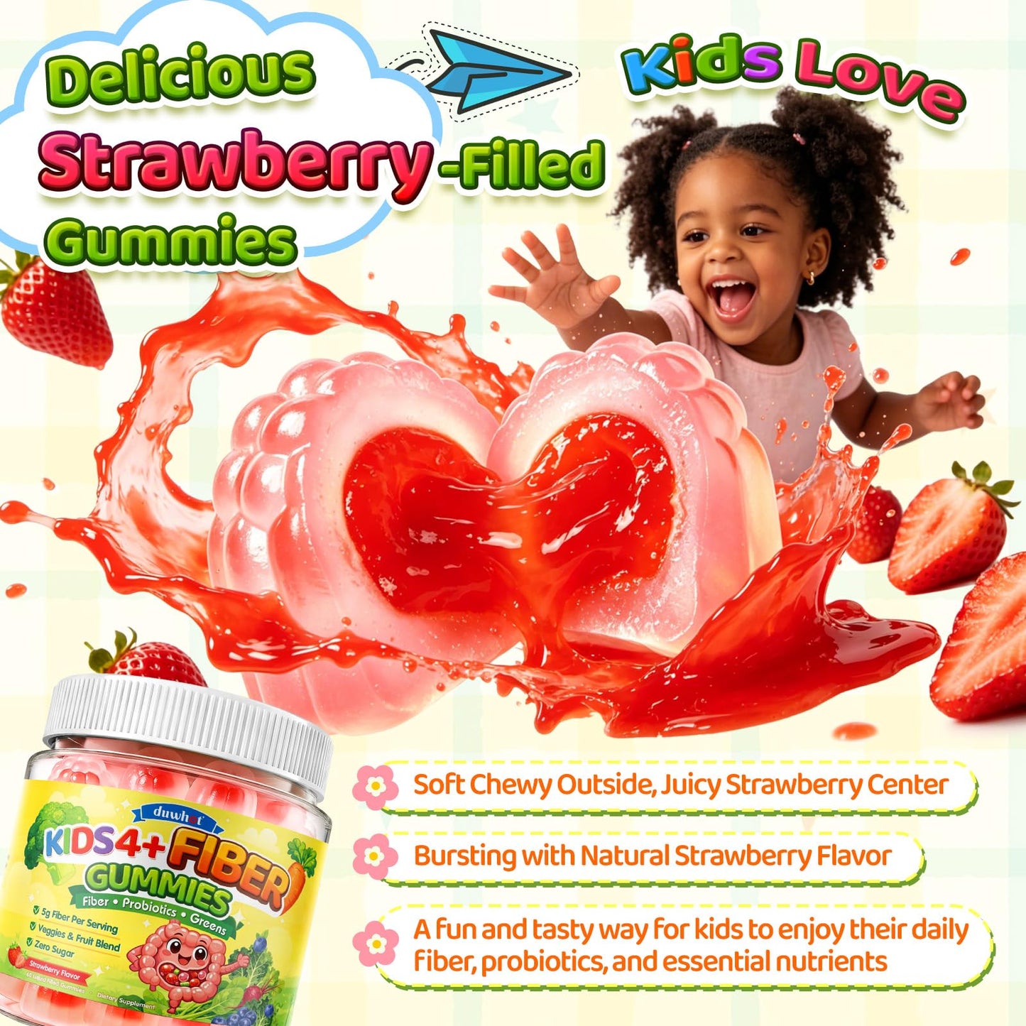 duwhot Kids Fiber Gummies Prebiotic Fiber Supplement with Probiotics, Vitamin C, D3 & B6, Veggies, Sugar Free, Strawberry Flavor, 60 Gummies