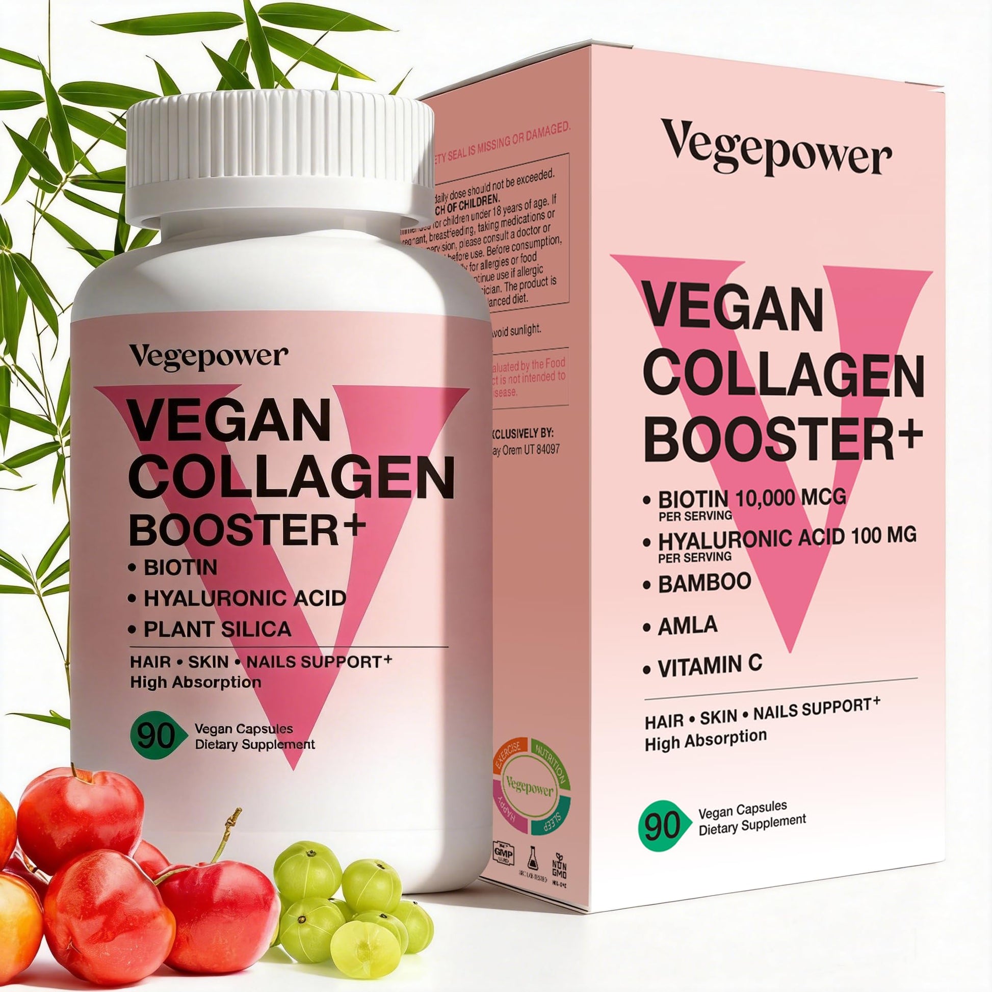 VEGEPOWER Vegan Collagen Booster with Biotin 10,000 mcg, Hyaluronic Acid, Bamboo Silica, Vitamin C & Zinc, Plant Based Hair Skin & Nails Support, 90 Capsules