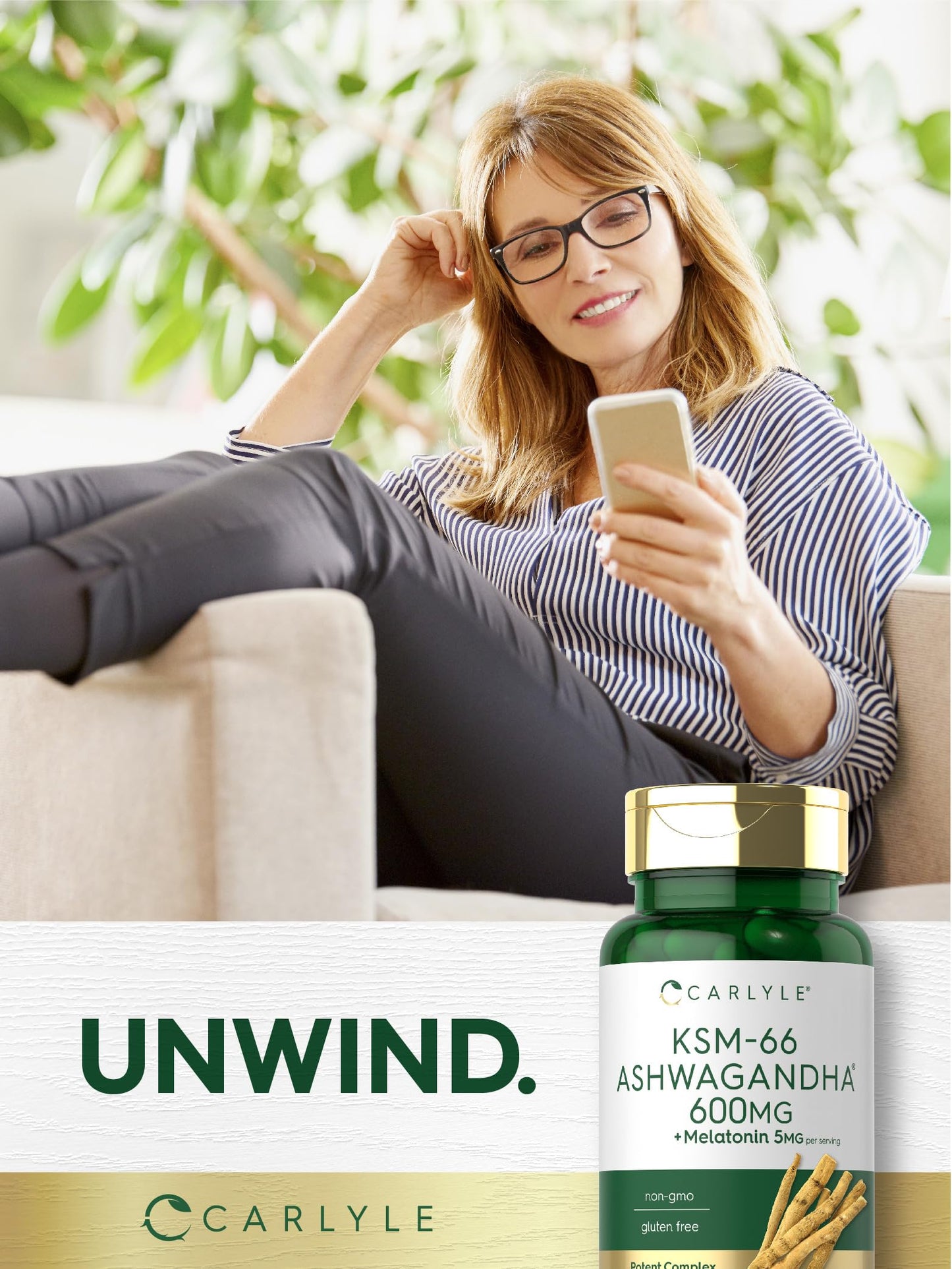 Carlyle KSM-66 Ashwagandha Capsules 600mg with Melatonin 5mg Potent Complex Non-GMO Gluten Free, 70 Count